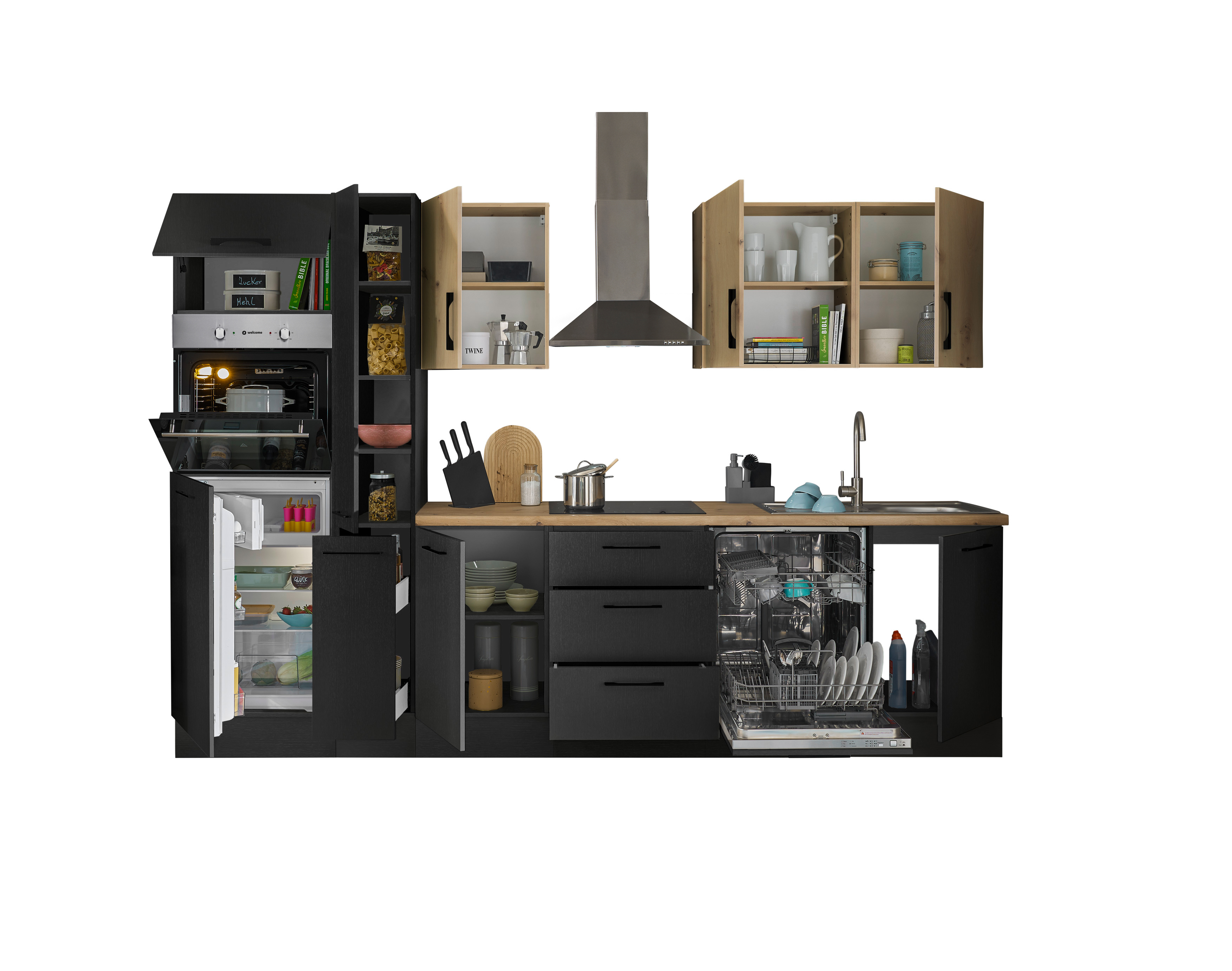 Bloc cuisine avec électroménager CORNWALL (bloc cuisine-four-lave-vaisselle-réfrigérateur-armoire coulissante) V