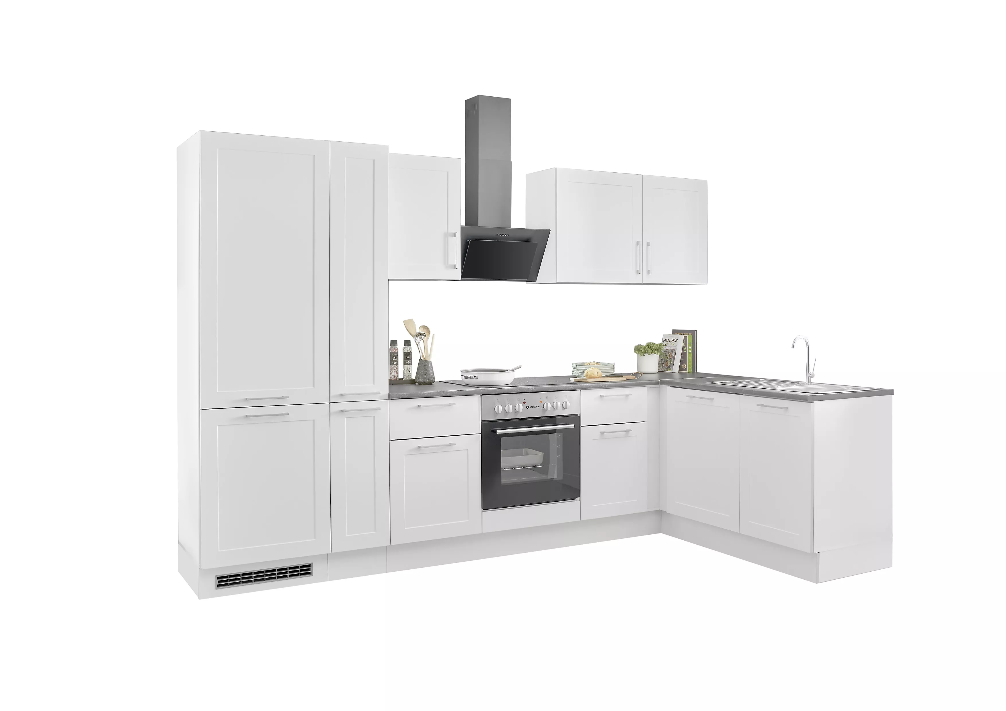 Bloc cuisine avec électroménager HASTINGS (cuisine d'angle-frigo-armoire coulissante) I