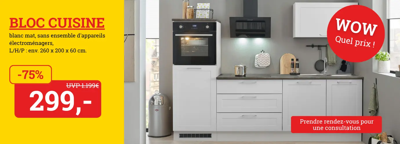Extrait de notre publicité ! Ensemble de cuisine (sans appareils électroménagers) - prenez rendez-vous dès maintenant pour un entretien-conseil >