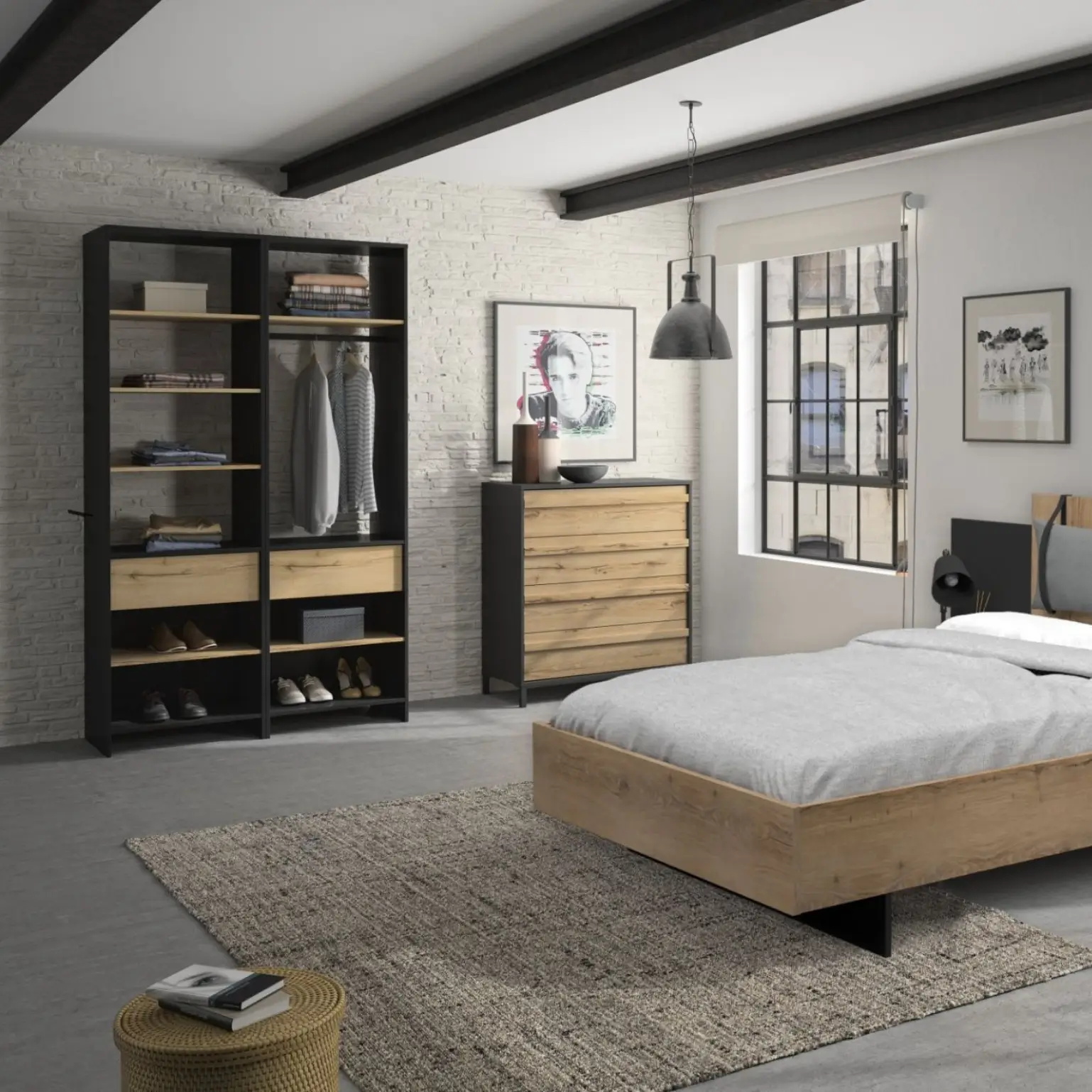 Ensemble de chambre à coucher MIMIZAN en imitation bois de chêne Helvezia combiné avec des contrastes en noir. Composé d'un ensemble lit, d'une commode, d'une armoire et d'un set de coussins. Surface de couchage 160x200cm
