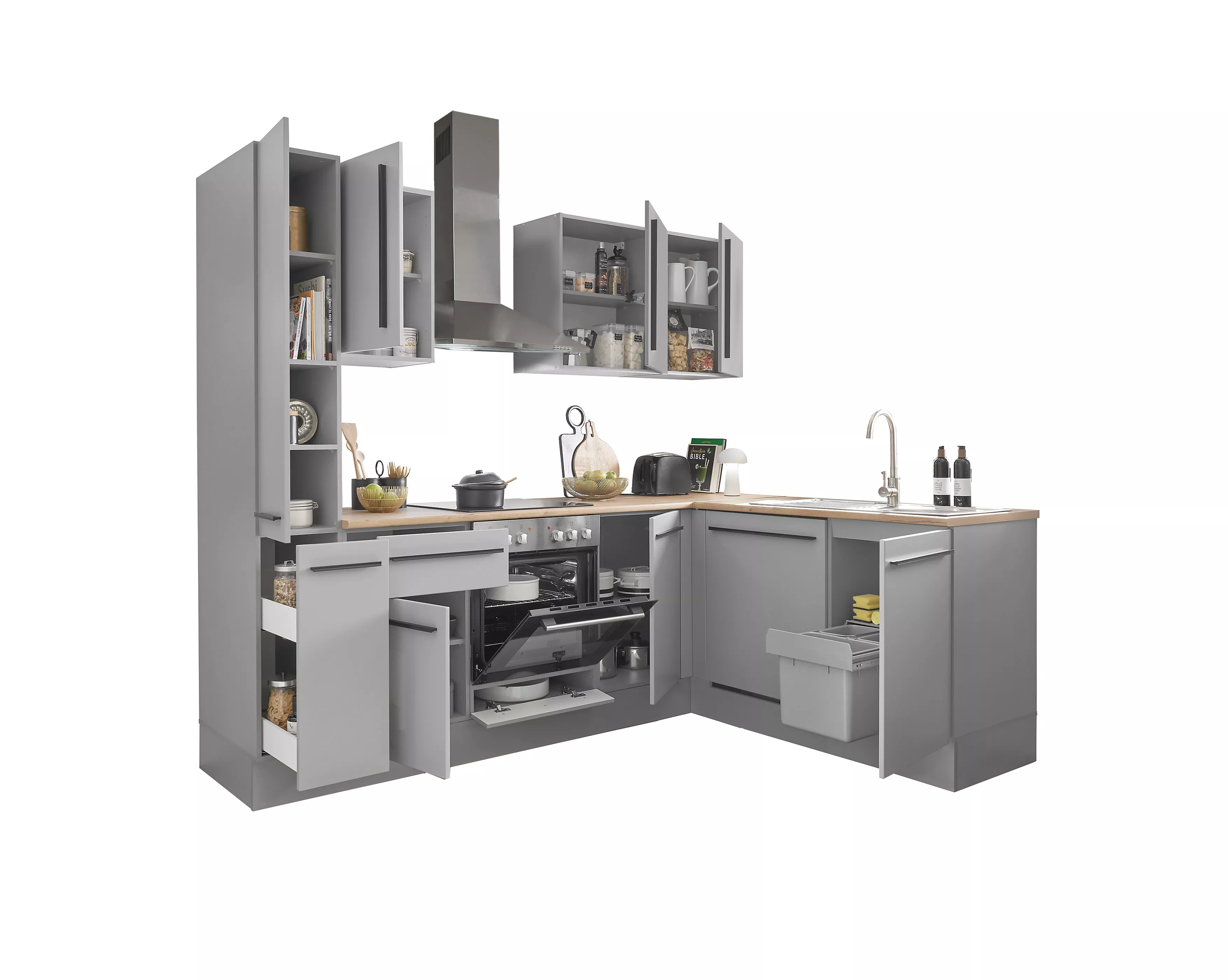Bloc cuisine avec électroménager MANCHESTER (angle-armoire coulissante) I