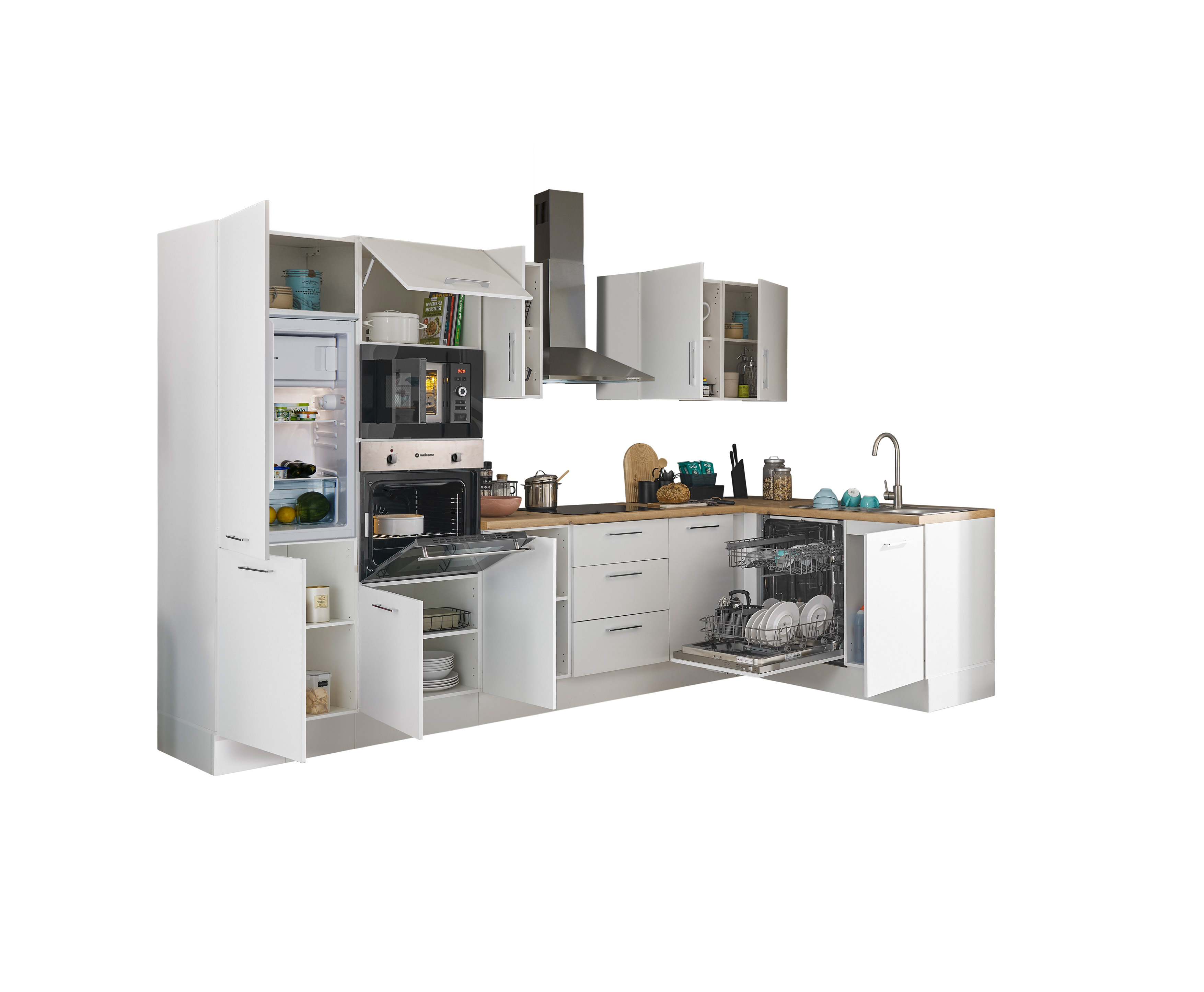Bloc cuisine avec électroménager CORNWALL (cuisine d'angle-four-lave-vaisselle-réfrigérateur-micro-ondes) I