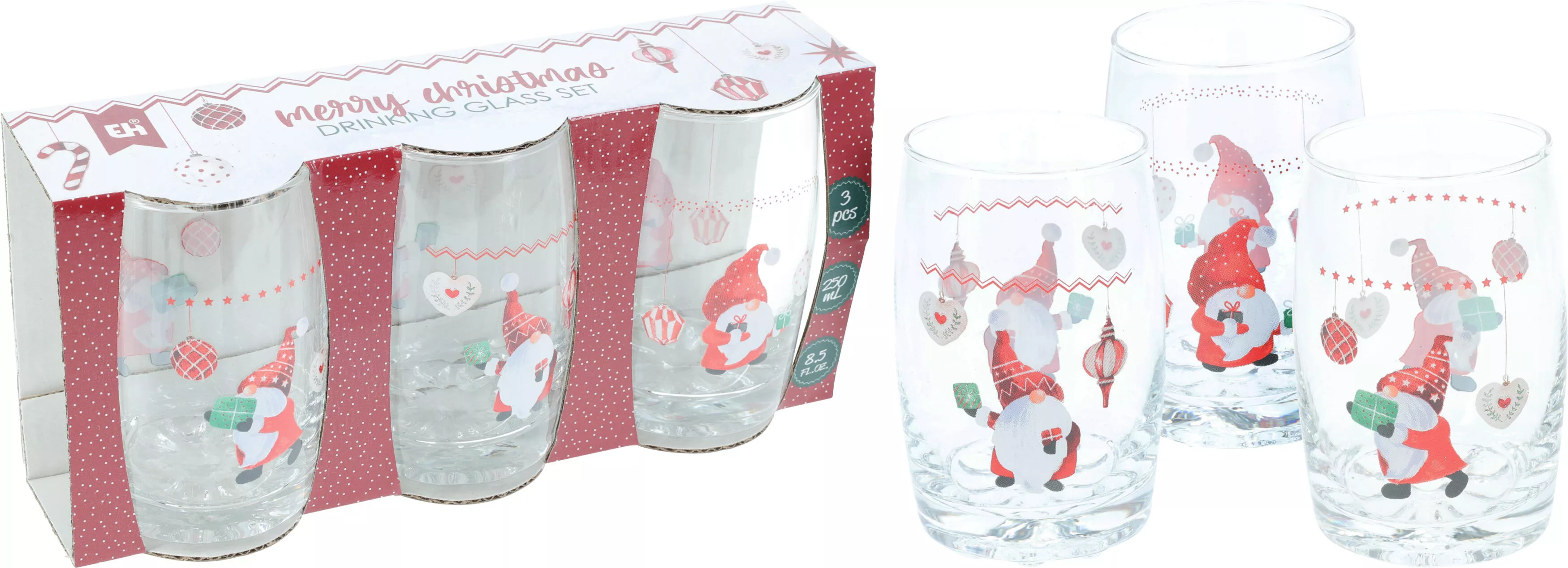 Lot de 3 verres à eau motif lutin CHRISTMAS