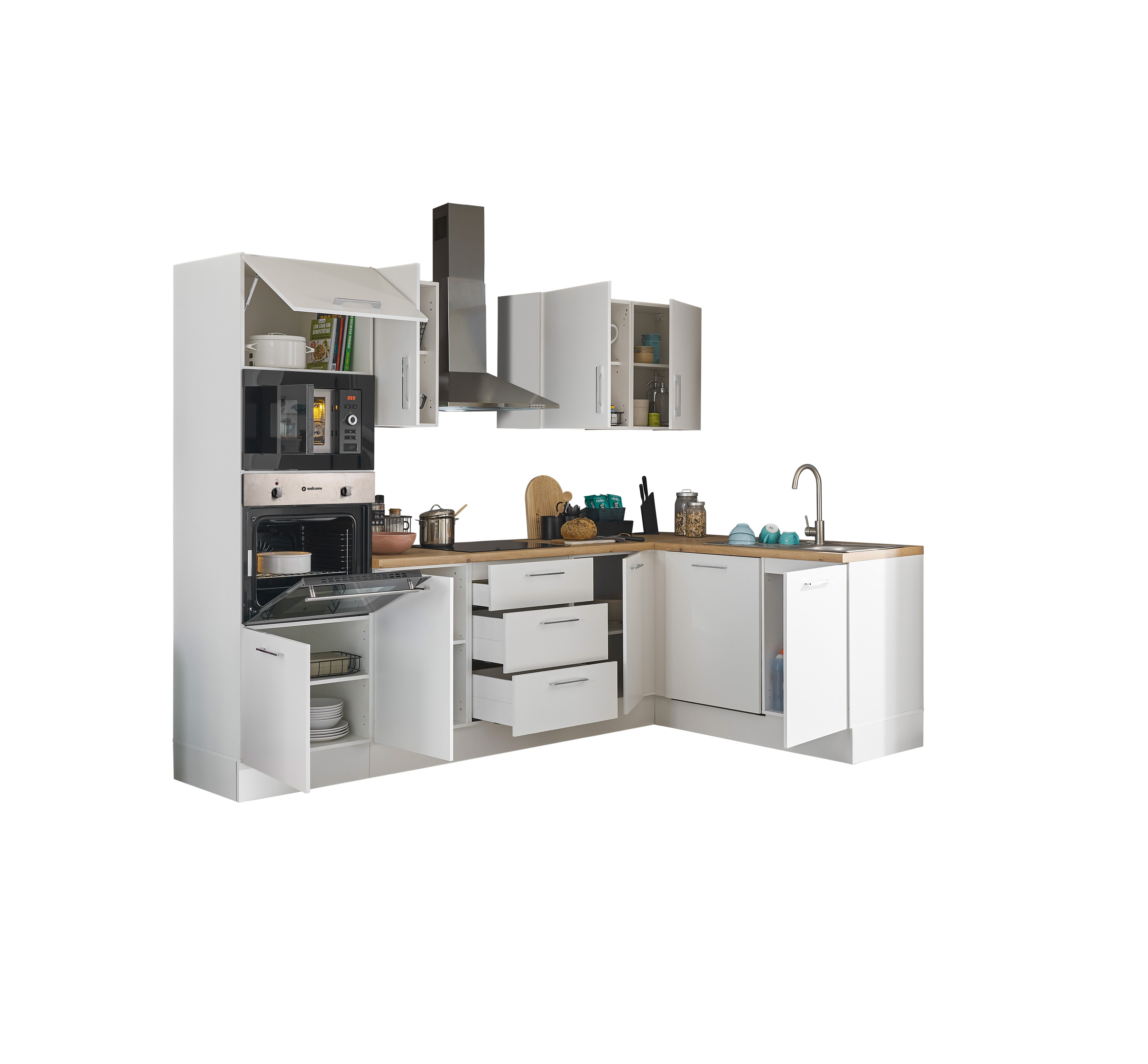 Bloc cuisine avec électroménager CORNWALL (cuisine d'angle-four-lave-vaisselle-micro-ondes) I