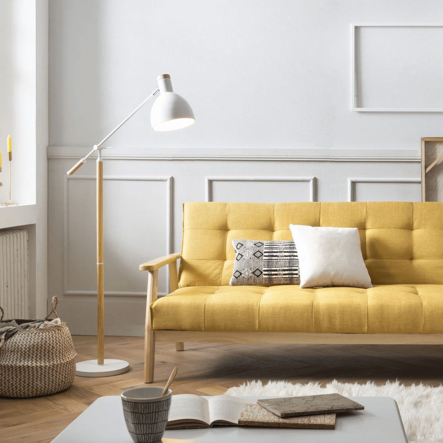 Canapé-lit 3 places SALESFEVER de style scandinave, couleur jaune moutarde, avec fonction relax, inclinable à 60