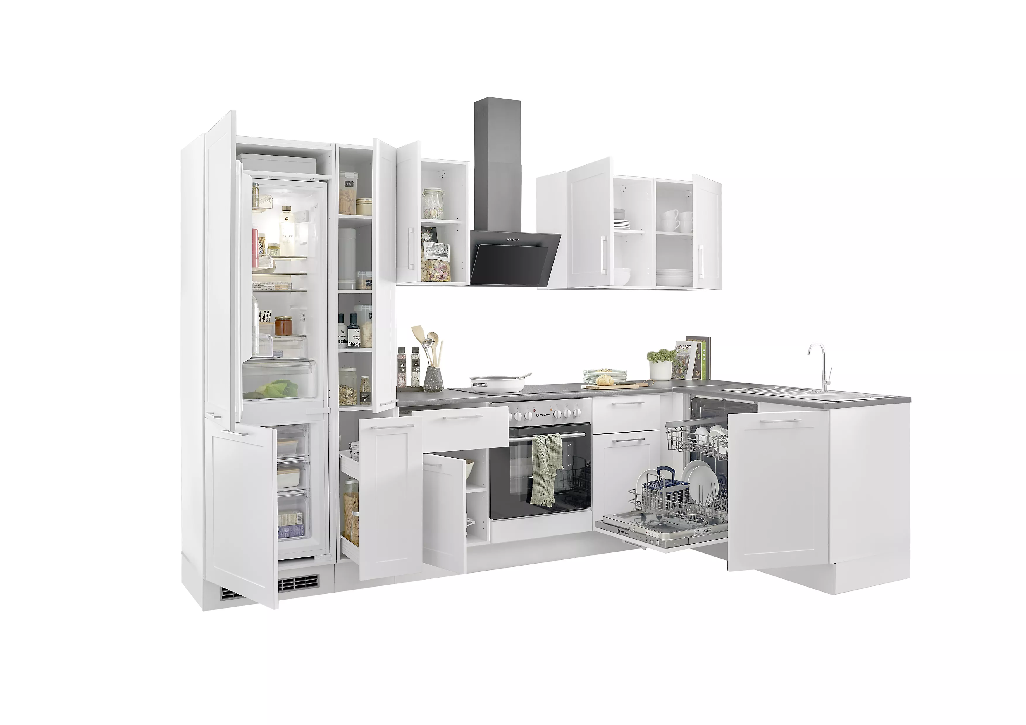 Bloc cuisine avec électroménager HASTINGS (cuisine d'angle-frigo-armoire coulissante) I