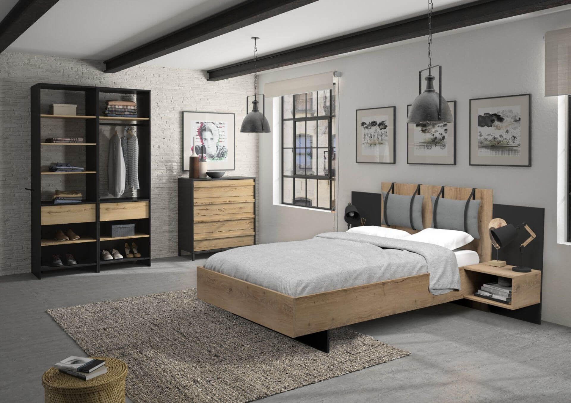 Chambre à coucher 4 pièces MIMIZAN au look industriel moderne, imitation bois de chêne Helvezia combiné avec des contrastes en noir