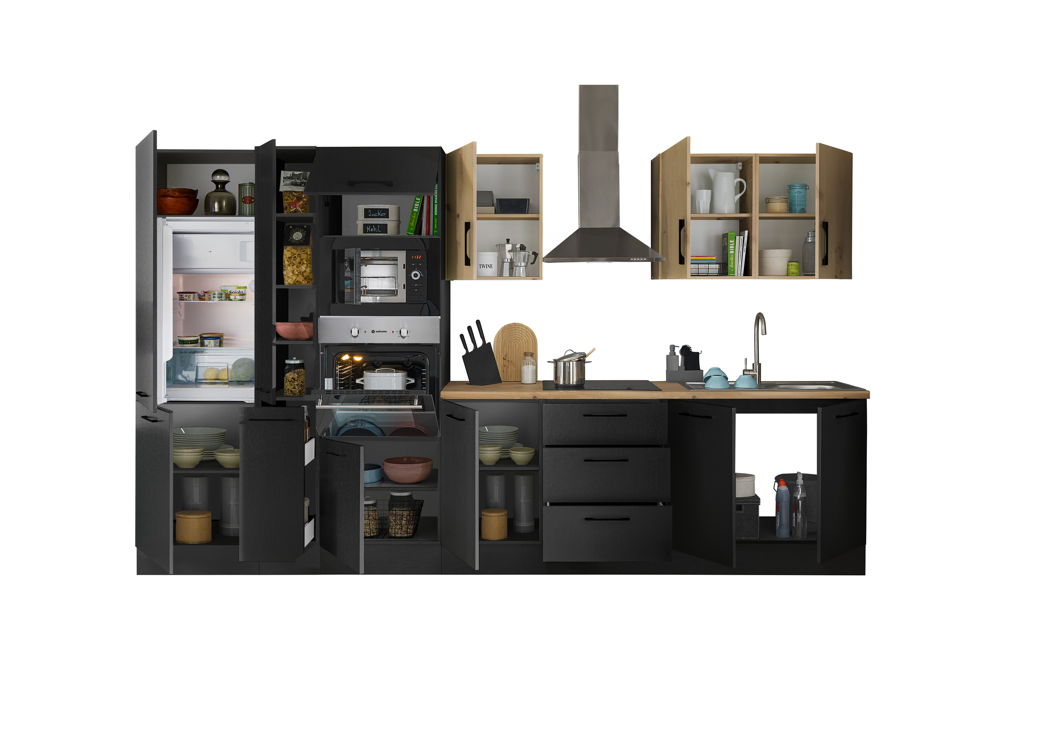 Bloc cuisine avec électroménager CORNWALL (bloc cuisine-four-réfrigérateur-micro-ondes-armoire coulissante) III
