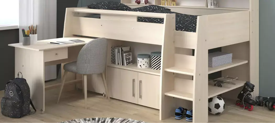 Lit mezzanine CHARLY 2 avec échelle intégrée, 1 bureau extensible sur roulettes avec 1 tiroir, 1 commode intégrée à 2 portes, 1 grand compartiment au-dessus, compartiments de rangement sur le côté du lit et en bout de lit