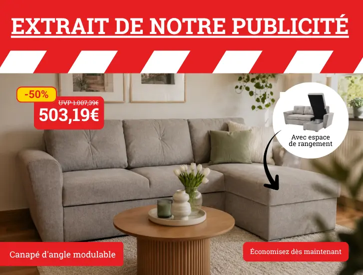 Extrait de notre publicité ! Coin canapé modulable. Découvrez-le ici >