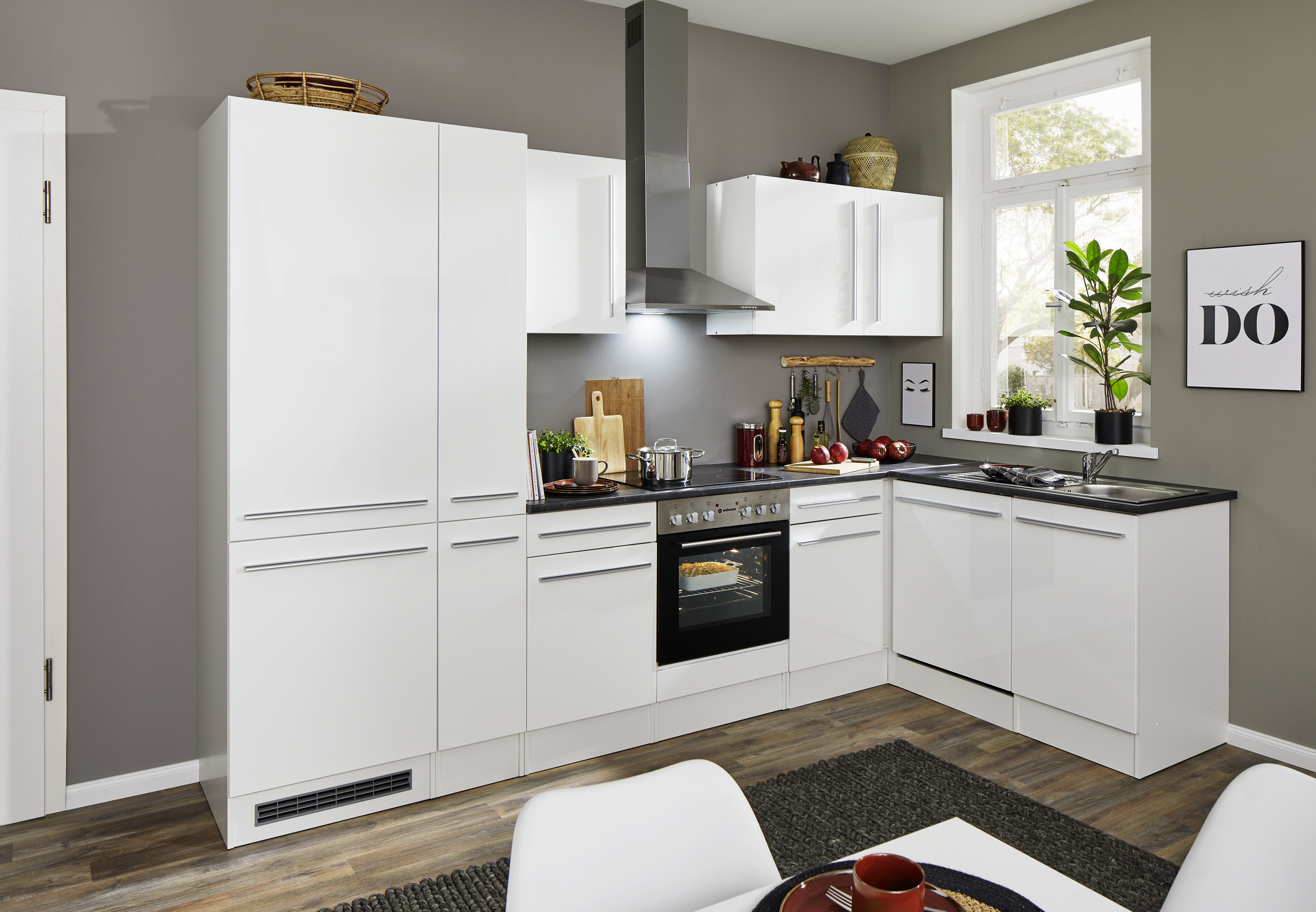 Bloc cuisine avec électroménager JAZZ 8 (cuisine d'angle-réfrigérateur-armoire coulissante) I