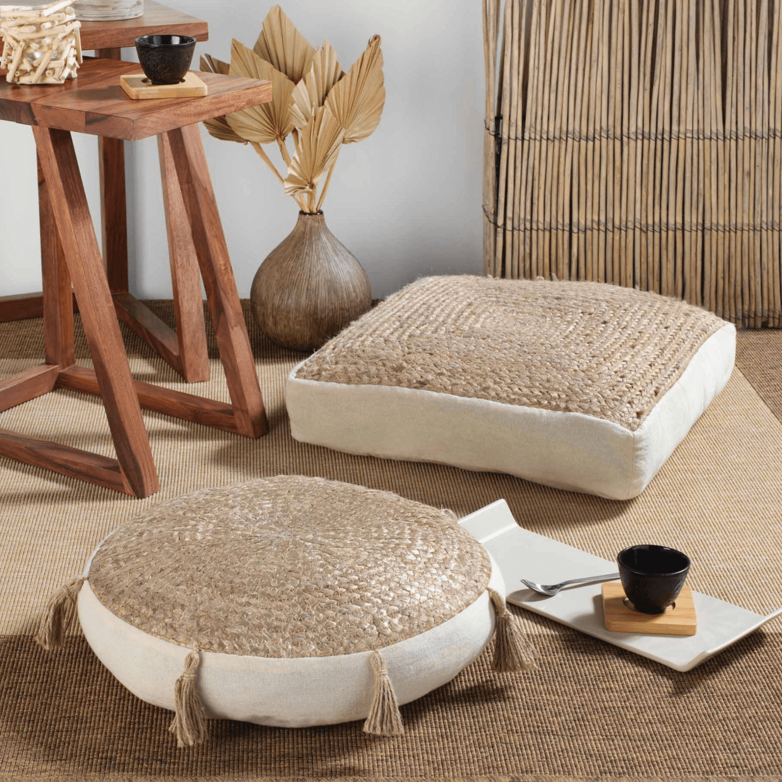 Coussin de sol SISEA, style boho, 100% jute,couleur : naturel