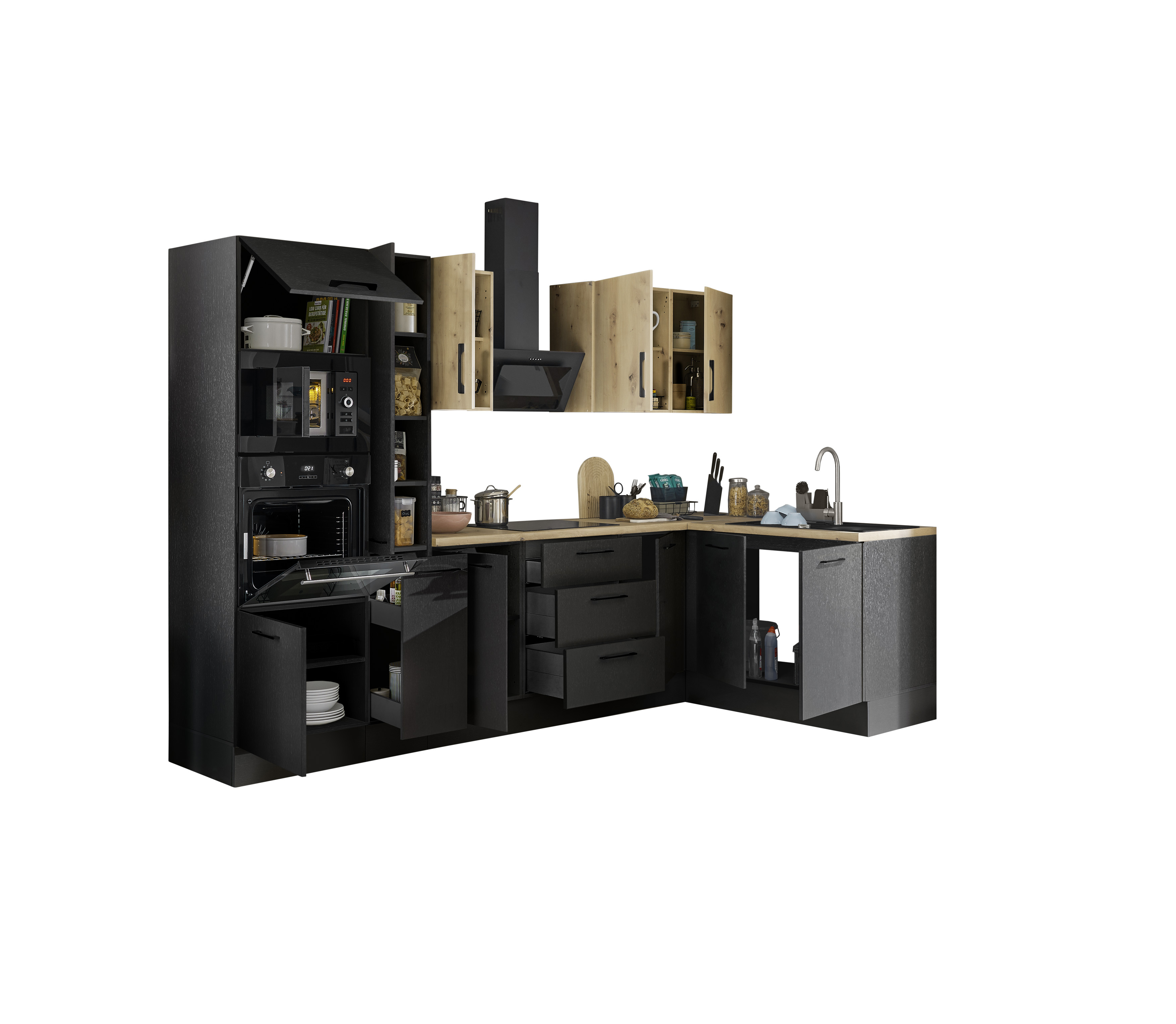 Bloc cuisine avec électroménager CORNWALL (cuisine d'angle-four-micro-ondes-armoire coulissante) IV