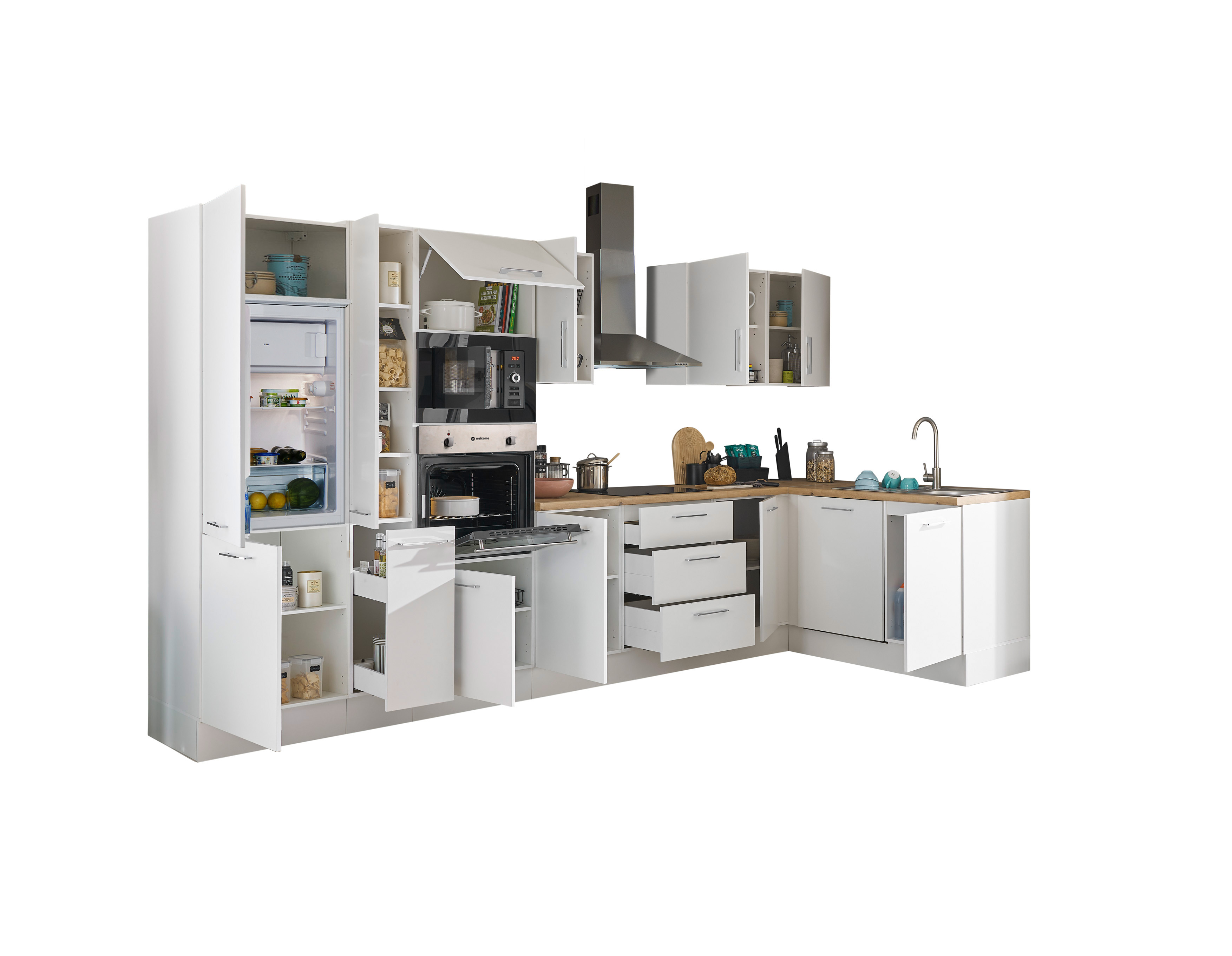 Bloc cuisine avec électroménager CORNWALL (cuisine d'angle-four-lave-vaisselle-réfrigérateur-micro-ondes-armoire coulissante) I