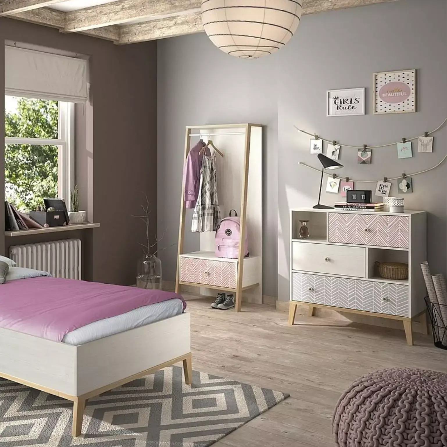 Chambre d'adolescent 6 pièces avec lit de 90 ALIKA 2 en imitation bois de châtaignier blanchi