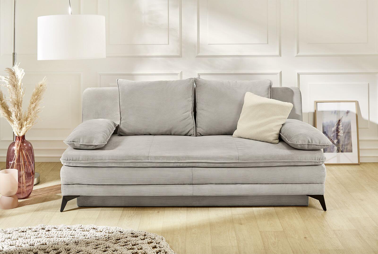 Canapé-lit moderne LAURIN en velours côtelé fin gris avec pieds noirs et coffre de lit intégré