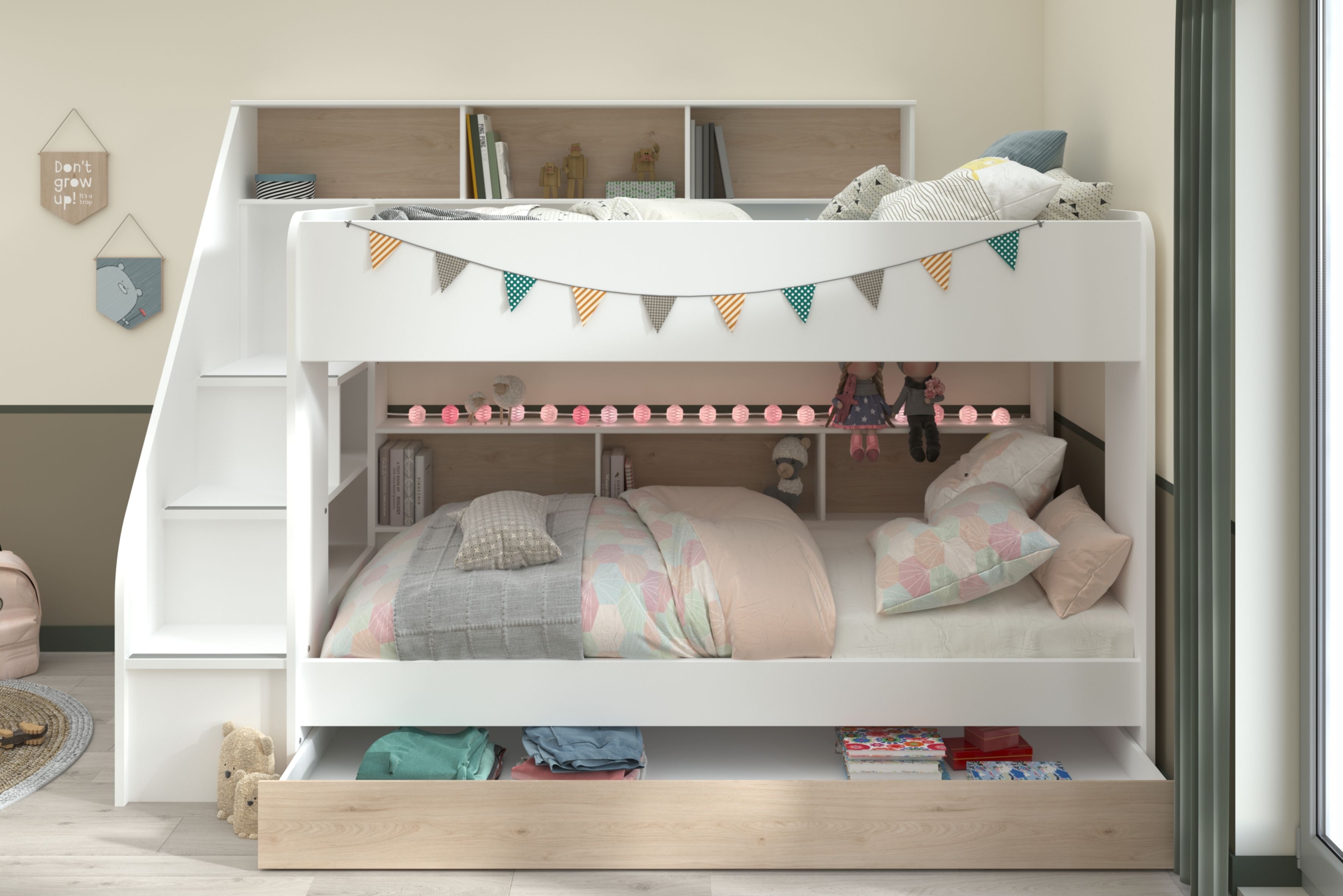 Chambre ado avec lit gigogne, armoire d'angle et bureau avec tiroirs