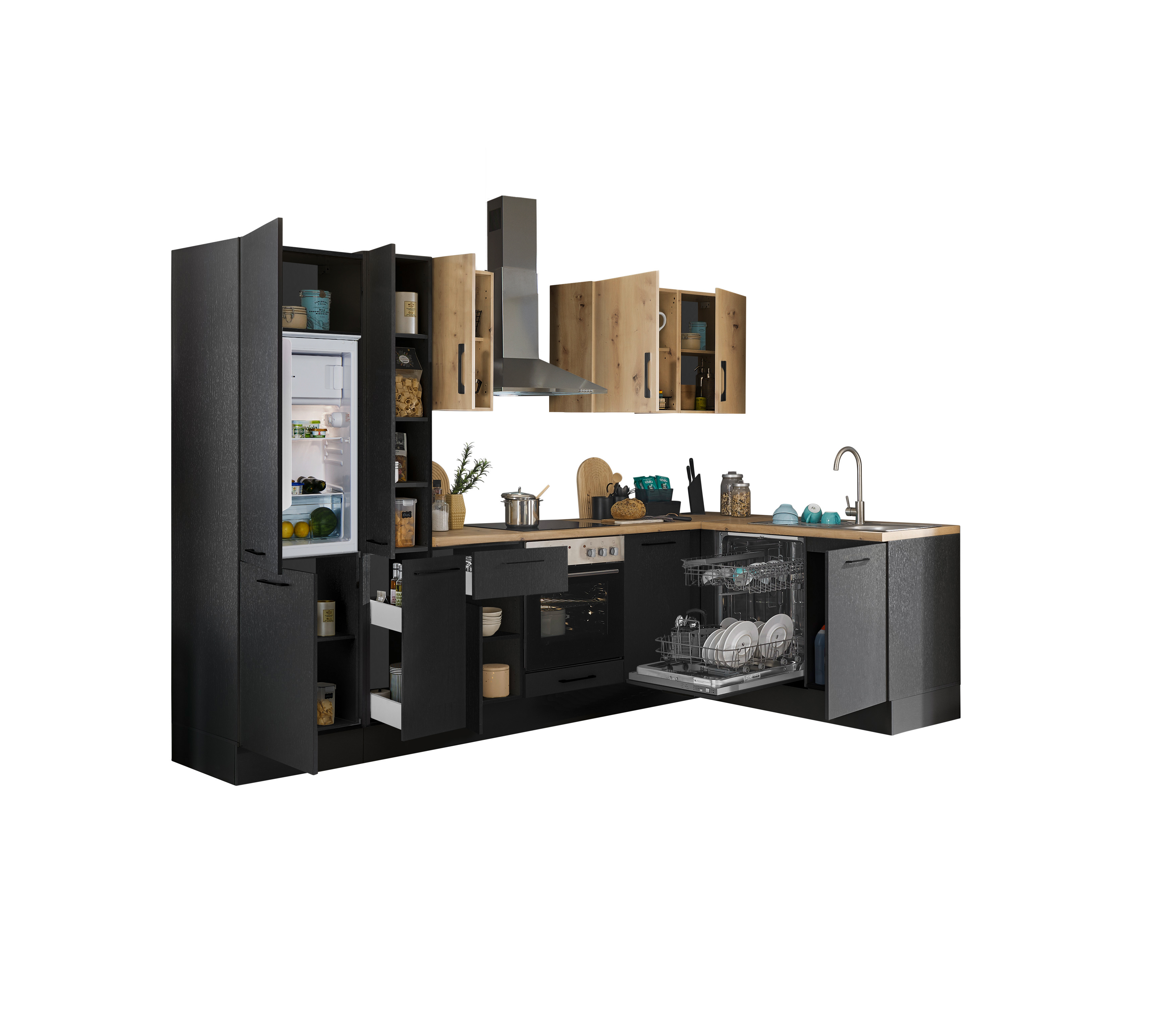 Bloc cuisine avec électroménager CORNWALL (cuisine d'angle-lave-vaisselle-réfrigérateur-armoire coulissante) III
