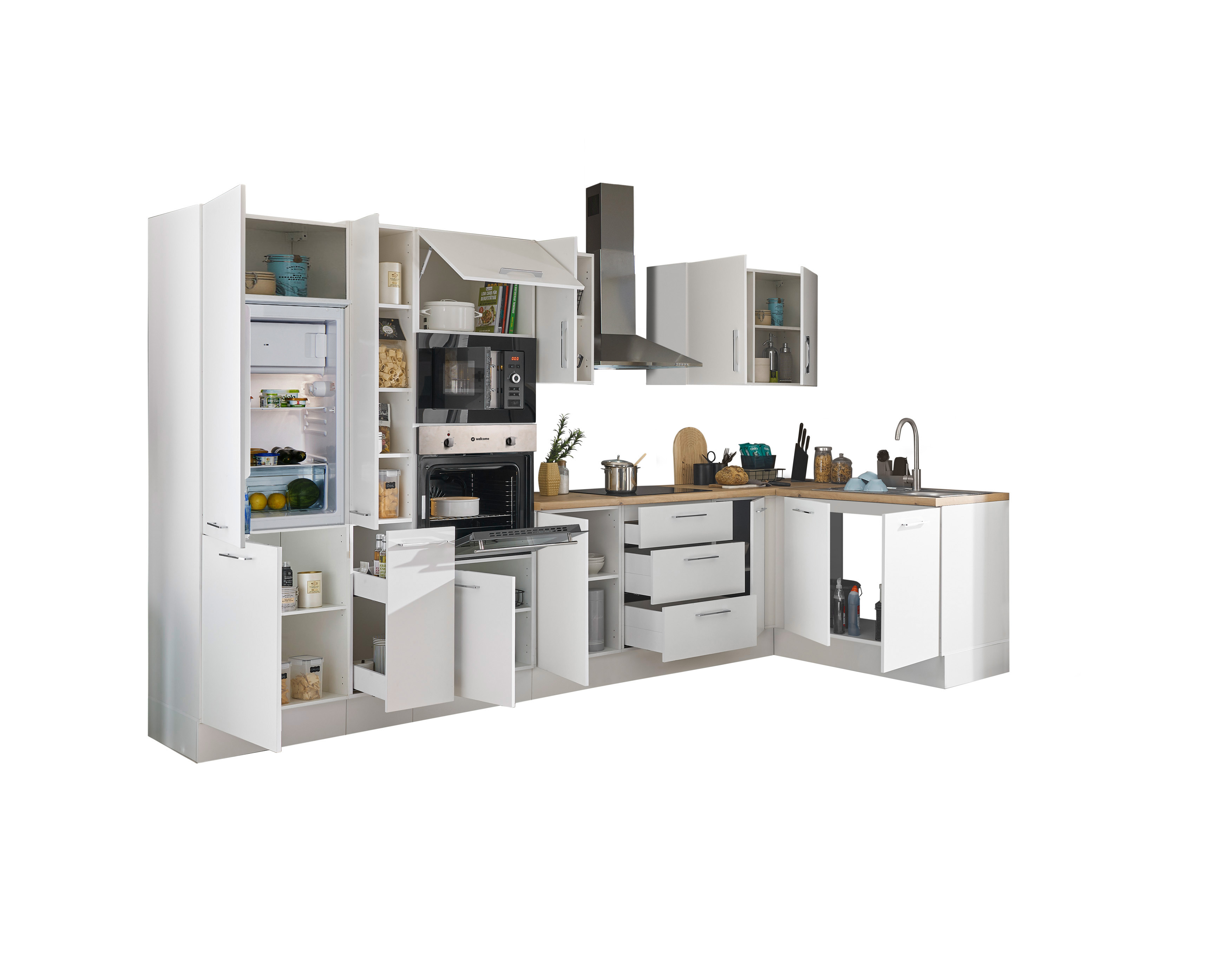 Bloc cuisine avec électroménager CORNWALL (bloc cuisine-four-réfrigérateur-micro-ondes-armoire coulissante) I