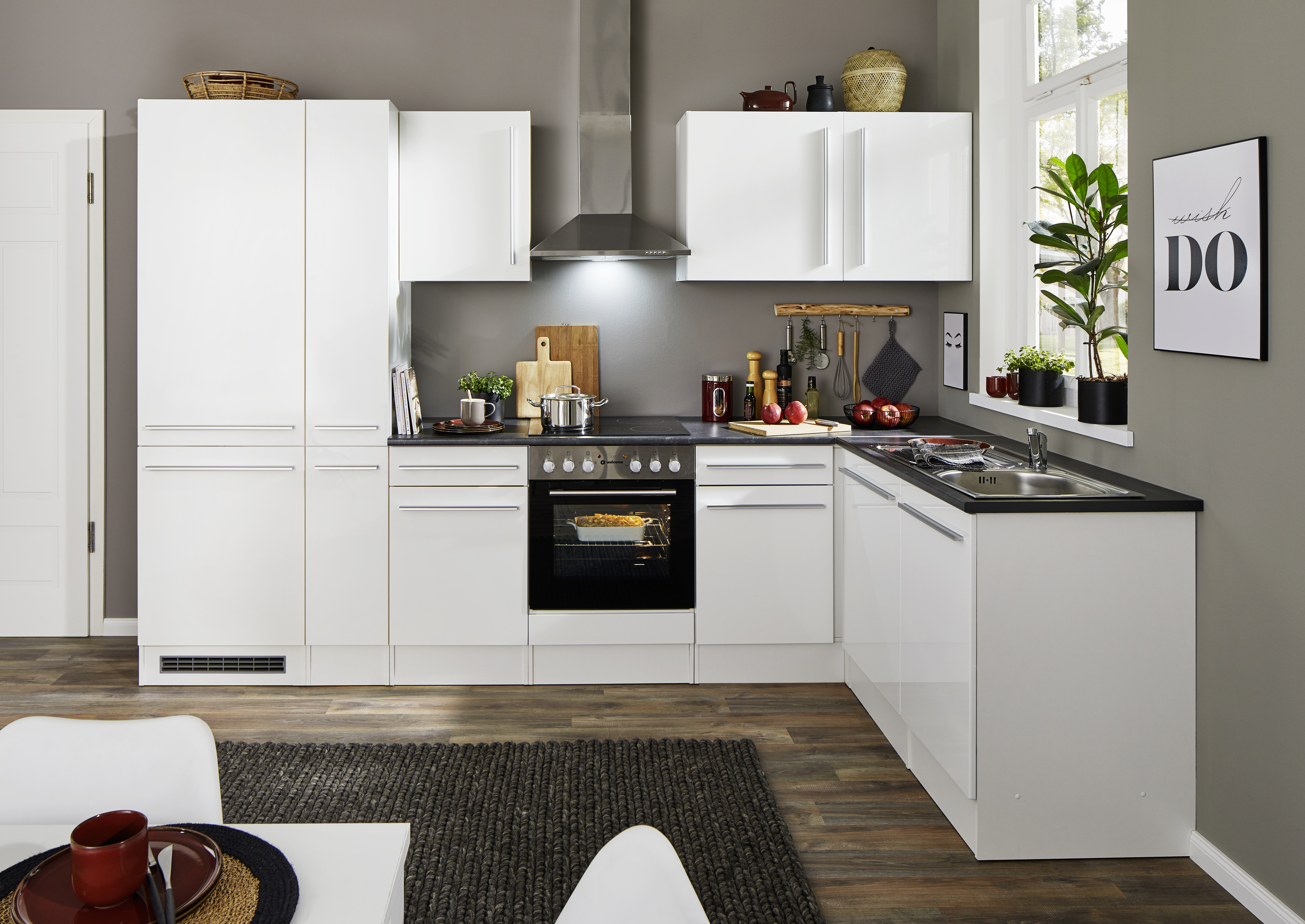 Bloc cuisine avec électroménager JAZZ 8 (cuisine d'angle-réfrigérateur-armoire coulissante) I
