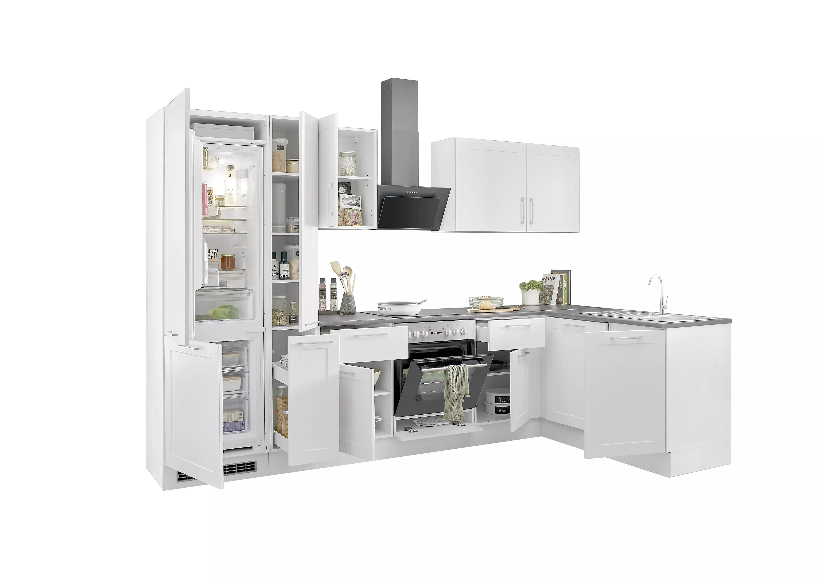 Bloc cuisine avec électroménager HASTINGS (cuisine d'angle-frigo-armoire coulissante) I