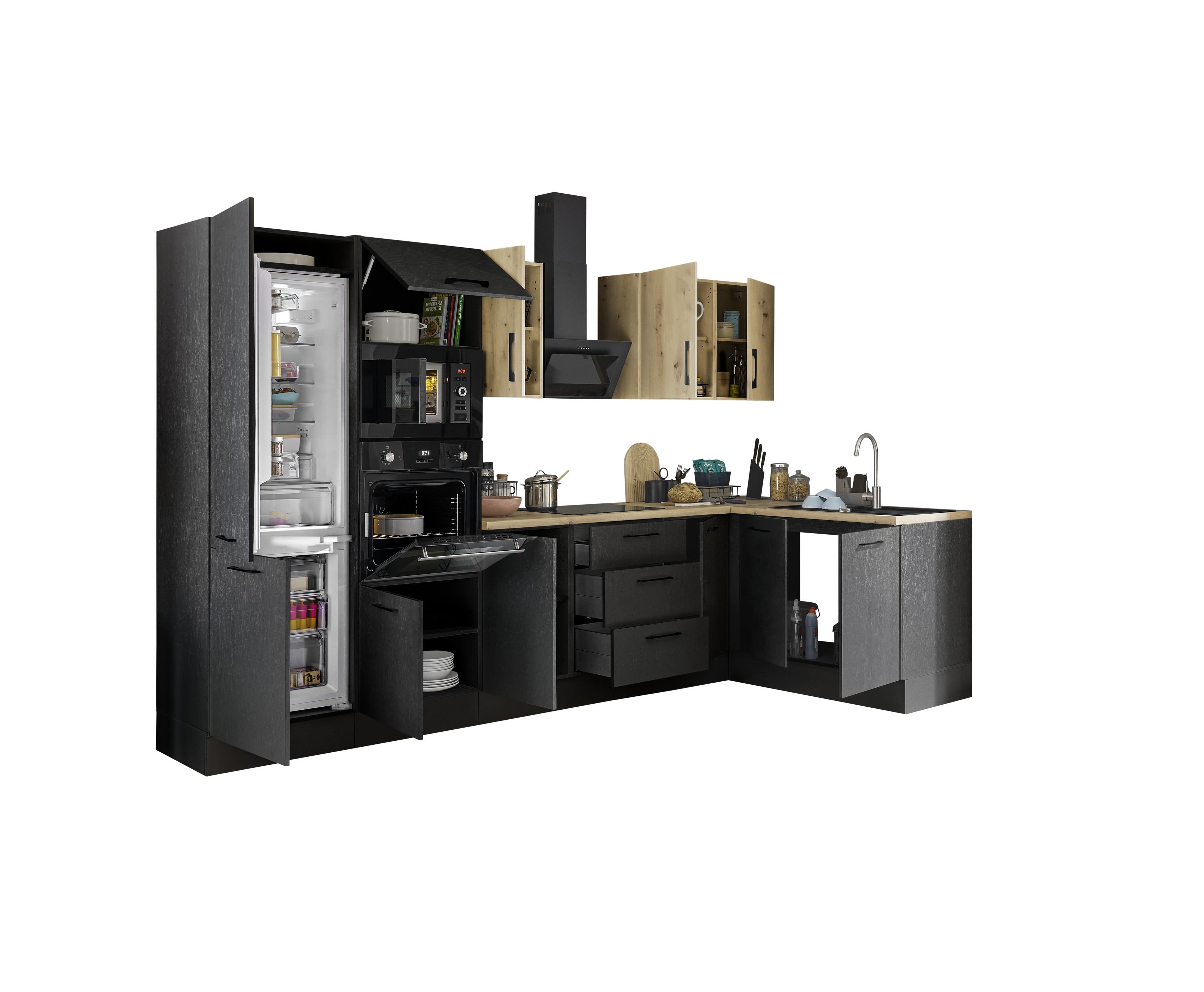 Küchenblock mit E-Geräten CORNWALL (Ecke-Backofen-Kühlschrank-Mikrowelle) IV