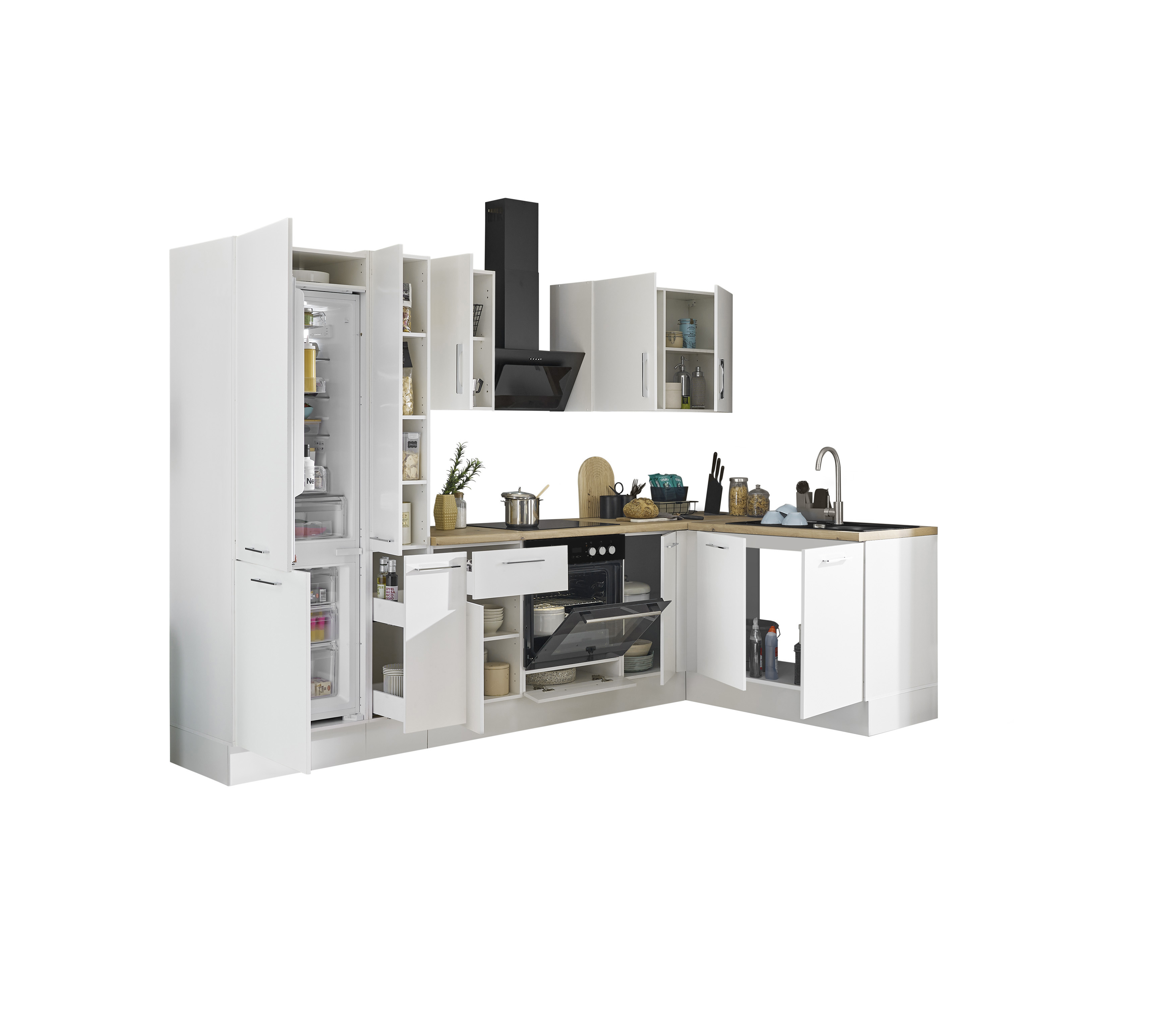 Bloc cuisine avec électroménager CORNWALL (cuisine d'angle-réfrigérateur-armoire coulissante) II