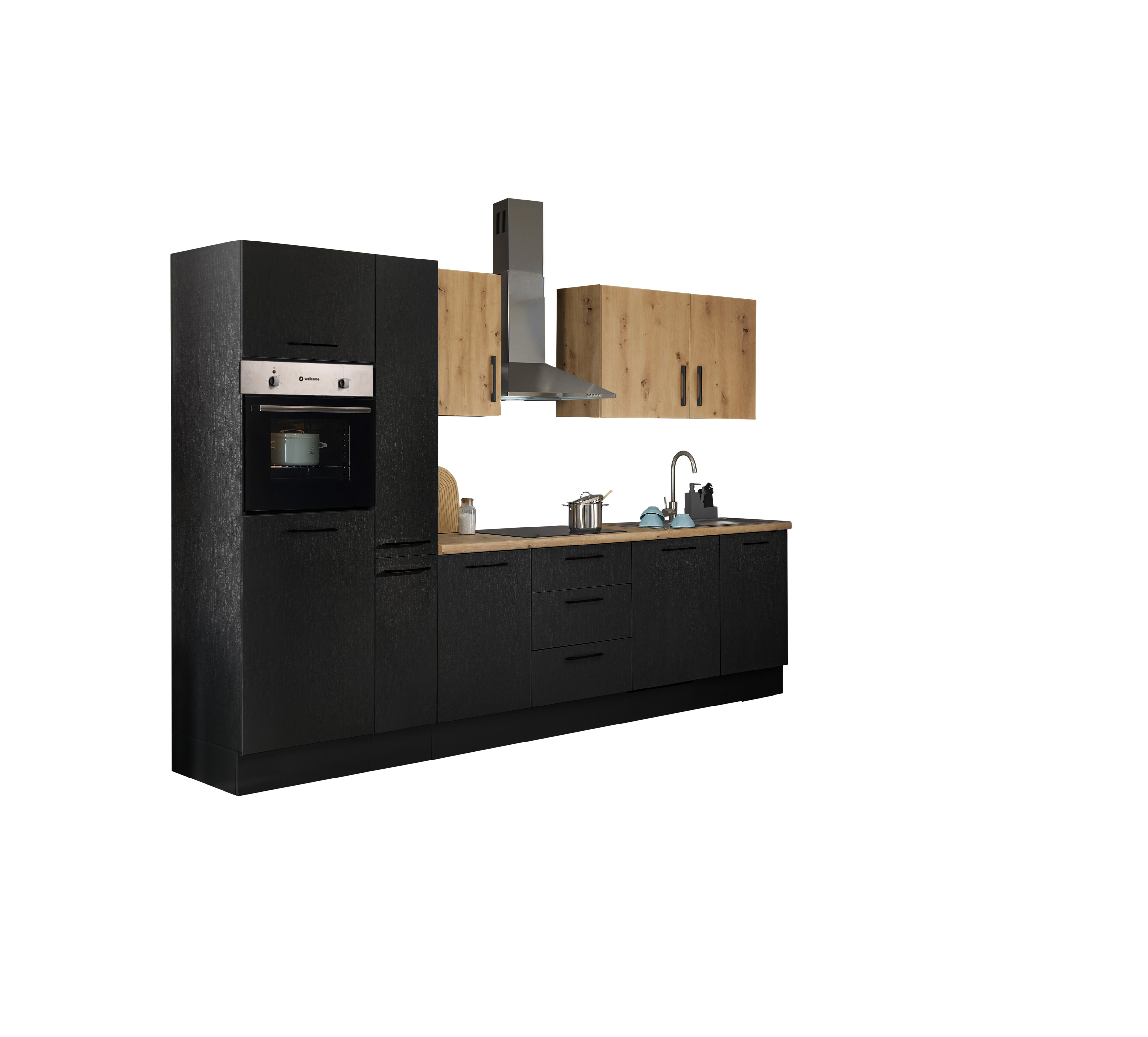 Bloc cuisine avec électroménager CORNWALL (bloc cuisine-four-lave-vaisselle-réfrigérateur-armoire coulissante) V