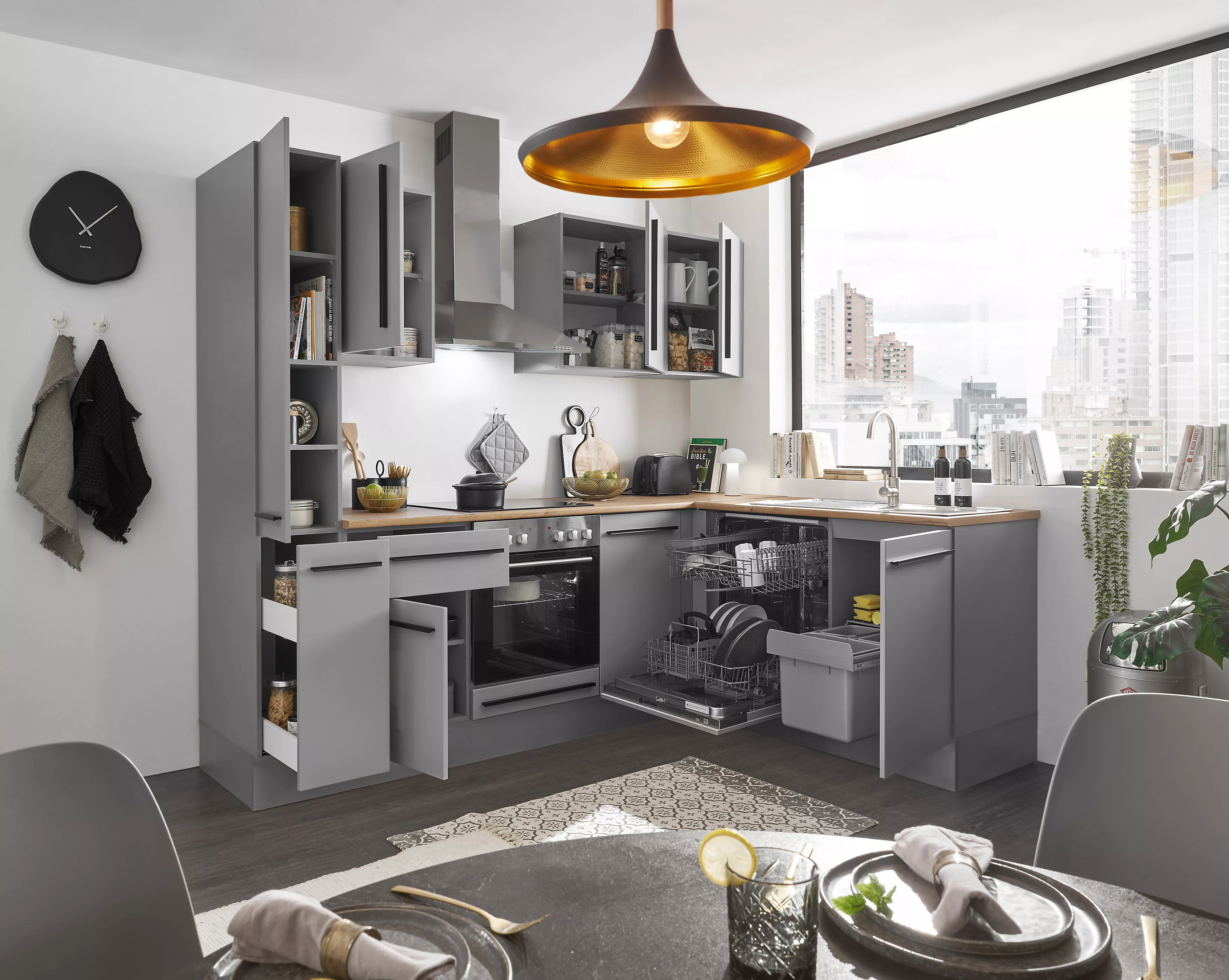 Bloc cuisine avec électroménager MANCHESTER (angle-armoire coulissante) I