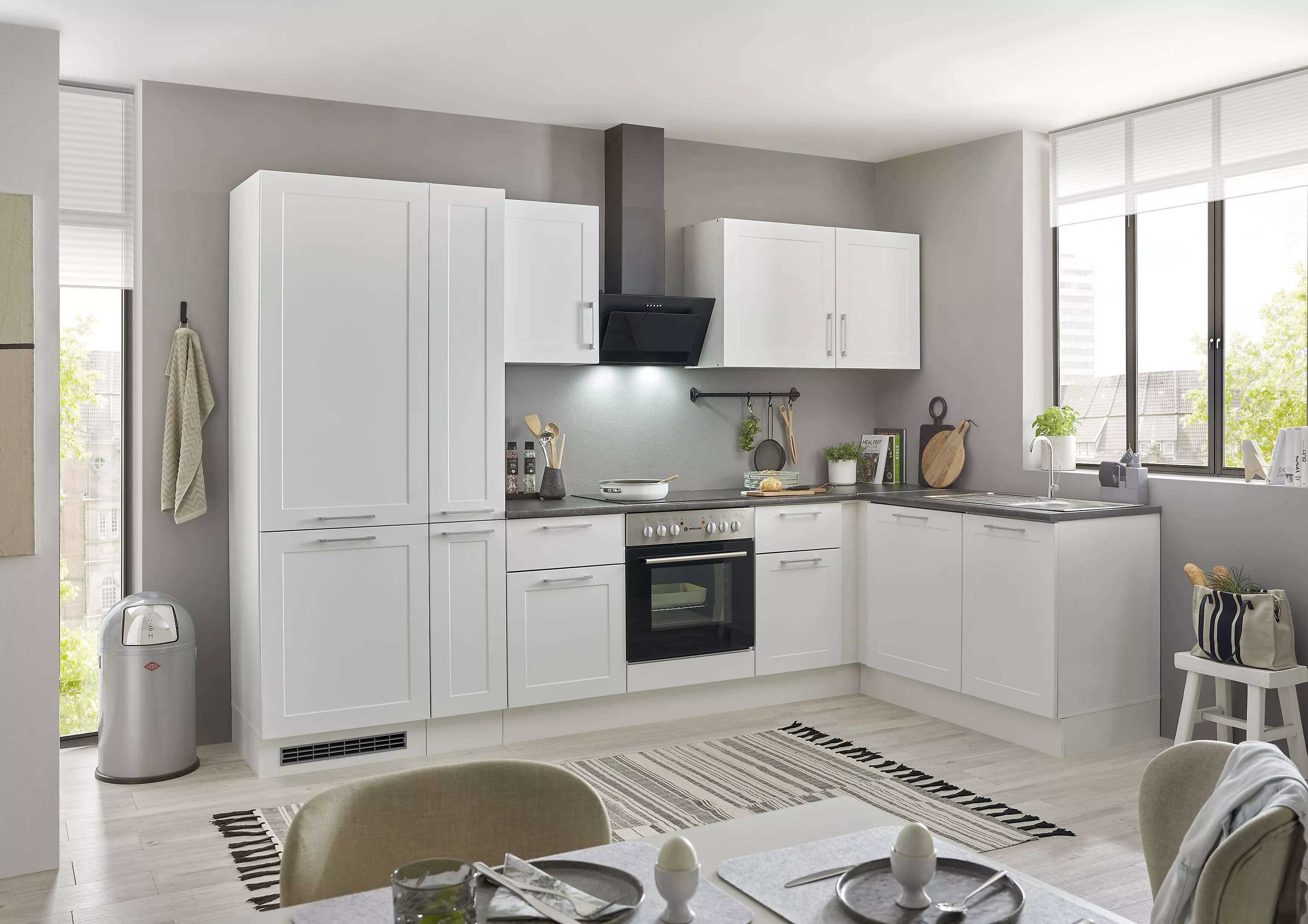 Bloc cuisine avec électroménager HASTINGS (cuisine d'angle-frigo-armoire coulissante) I